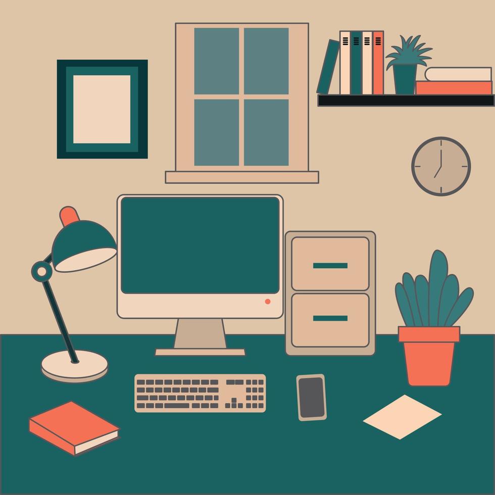 Computer desk workplace concept, flat design vector illustration