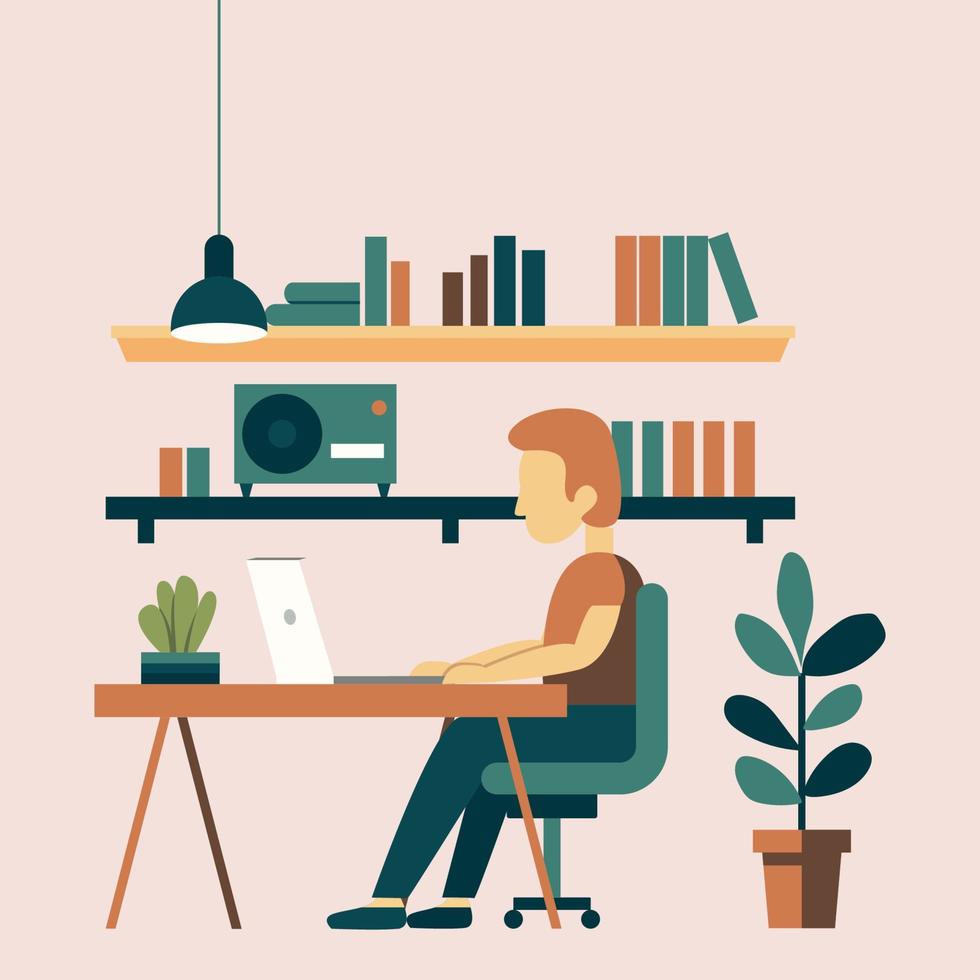 office work in front of laptop in office room, flat design vector illustration