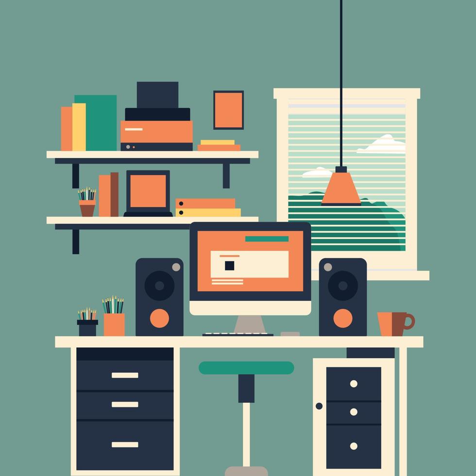 Computer desk workplace concept, flat design vector illustration