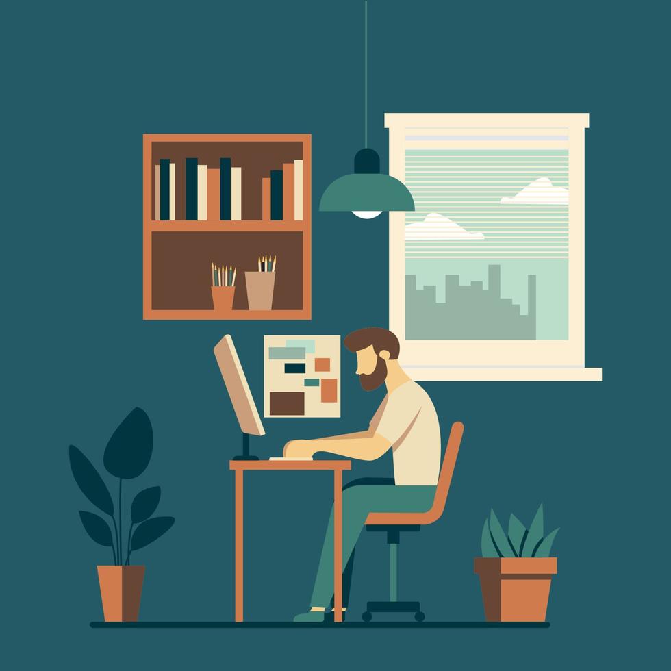 office work in front of laptop in office room, flat design vector illustration