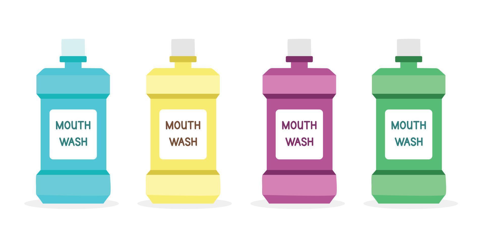 Set of multicolored mouthwash bottles in flat-style vector illustration. Simple plastic mouth wash package for rinsing mouth clipart cartoon style. Oral care product concept vector illustration