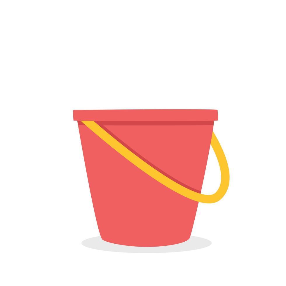 Water bucket in flat style vector illustration. Simple red plastic bucket with yellow handle for cleaning clipart cartoon style, hand drawn doodle style. Bucket side view vector design illustration