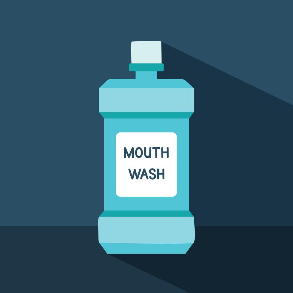 Mouthwash bottle with long shadow in flat style vector illustration. Simple blue package mouthwash for rinsing mouth clipart cartoon style, hand drawn doodle. Oral care product vector illustration