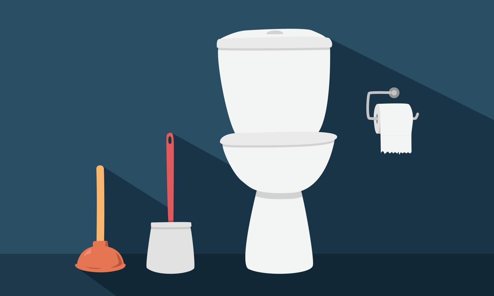 Set of toilet bowl, toilet paper roll, toilet brush, and plunger with long shadow in flat style vector illustration. Simple restroom or toilet elements clipart cartoon hand drawn doodle style