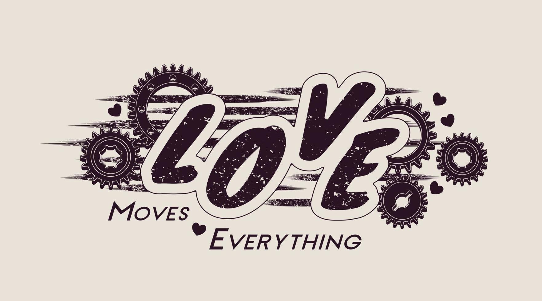 Monochrome vintage label with gear wheels, word Love on grunge paint brushstrokes. Emblem in steampunk style. Dynamic motion of lines. Black on white. vector