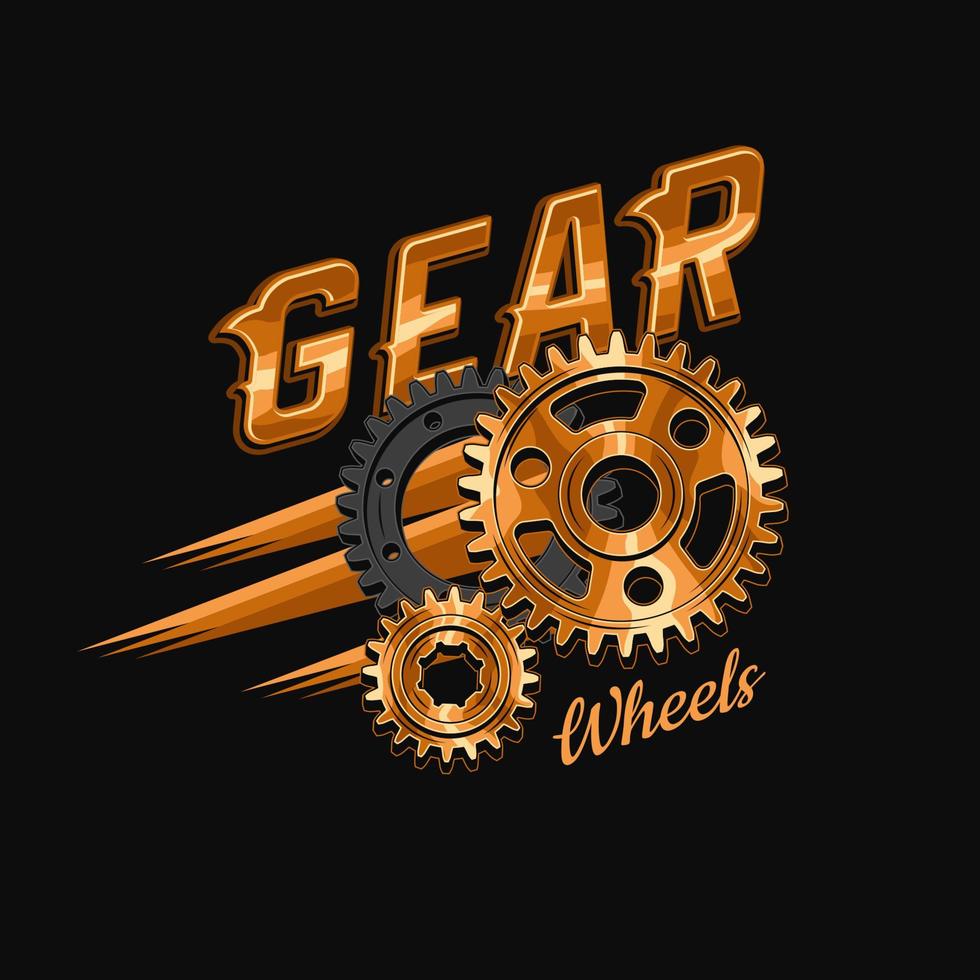 Bright colorful vintage label with copper gear wheels and text. Emblem in steampunk style. Dynamic motion of gears vector