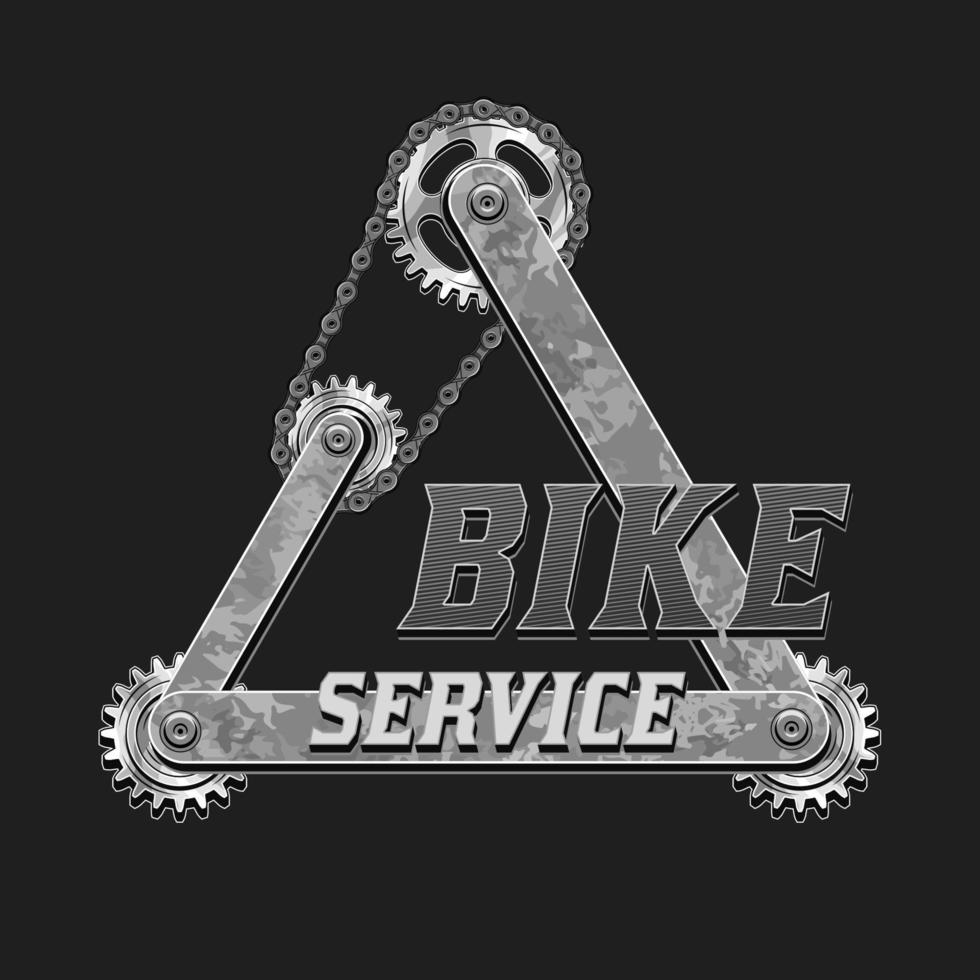 Vintage triangle label with silver steel gears, metal rails, rivets, text. Emblem for repair bike service in vintage steampunk style. Good for craft design. vector