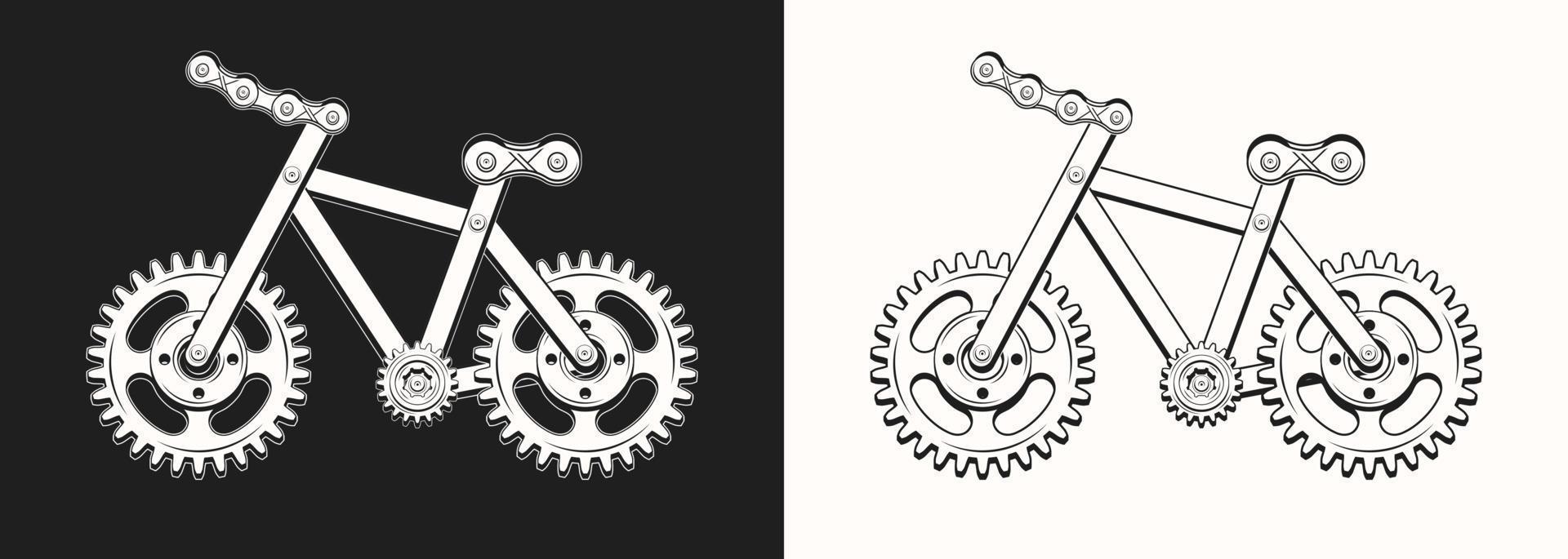 Bicycle made with gears, metal rails, rivets. Monochrome badge for repair bike service in vintage steampunk style. Good for craft design. vector