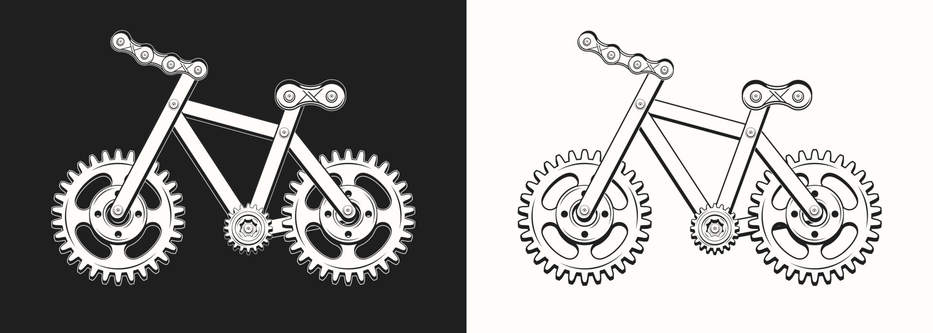 Bicycle made with gears, metal rails, rivets. Monochrome badge for