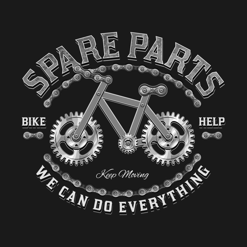 Label, badge, logo, emblem for repair bicycle service in vintage steampunk style. Label made with silver steel gears, metal rails, rivets, bike chain. Vector illustration, t shirt design.