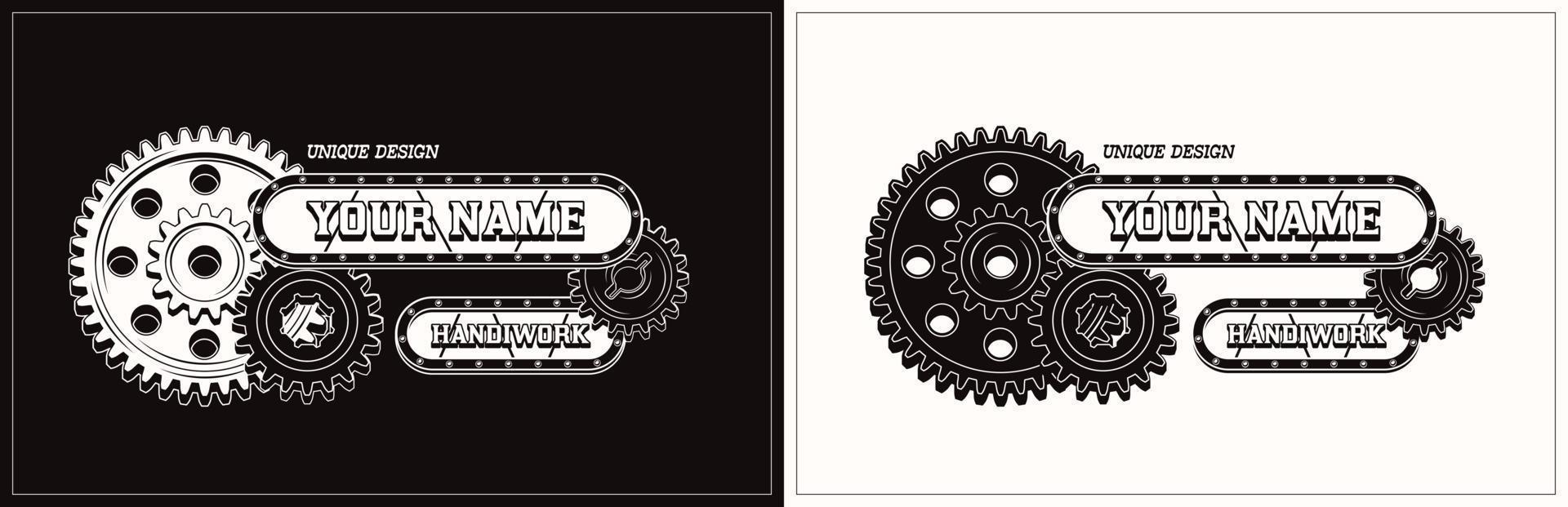 Vector rectangular label with black, white gear, metal rail, rivets, space for text. Monochrome emblem for handmade goods. Steampunk style. Good for craft design.