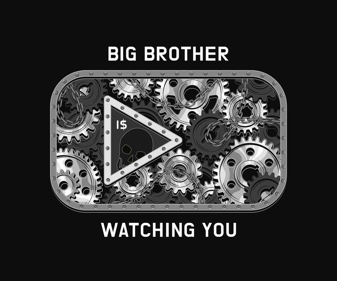 vídeo jugar icono de social medios de comunicación en Clásico estilo con engranajes, metal carril, remaches, texto. silueta de cráneo dentro de botón. grande hermano es mirando. concepto de global supervisión mediante Internet, sm vector