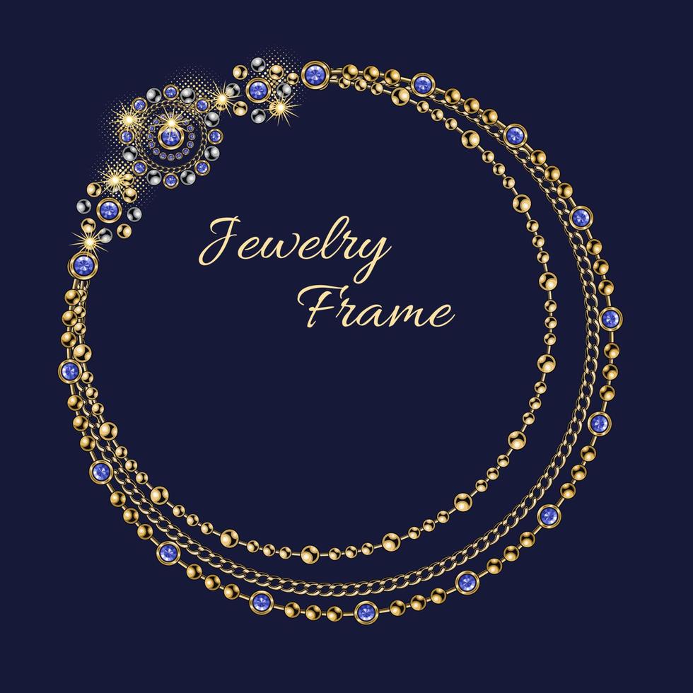 Circular golden frame with large negative space for copy placement. Jewelry gold chains, beads, blue gems. Logo, emblem, badge for anniversary, gift design on dark background vector