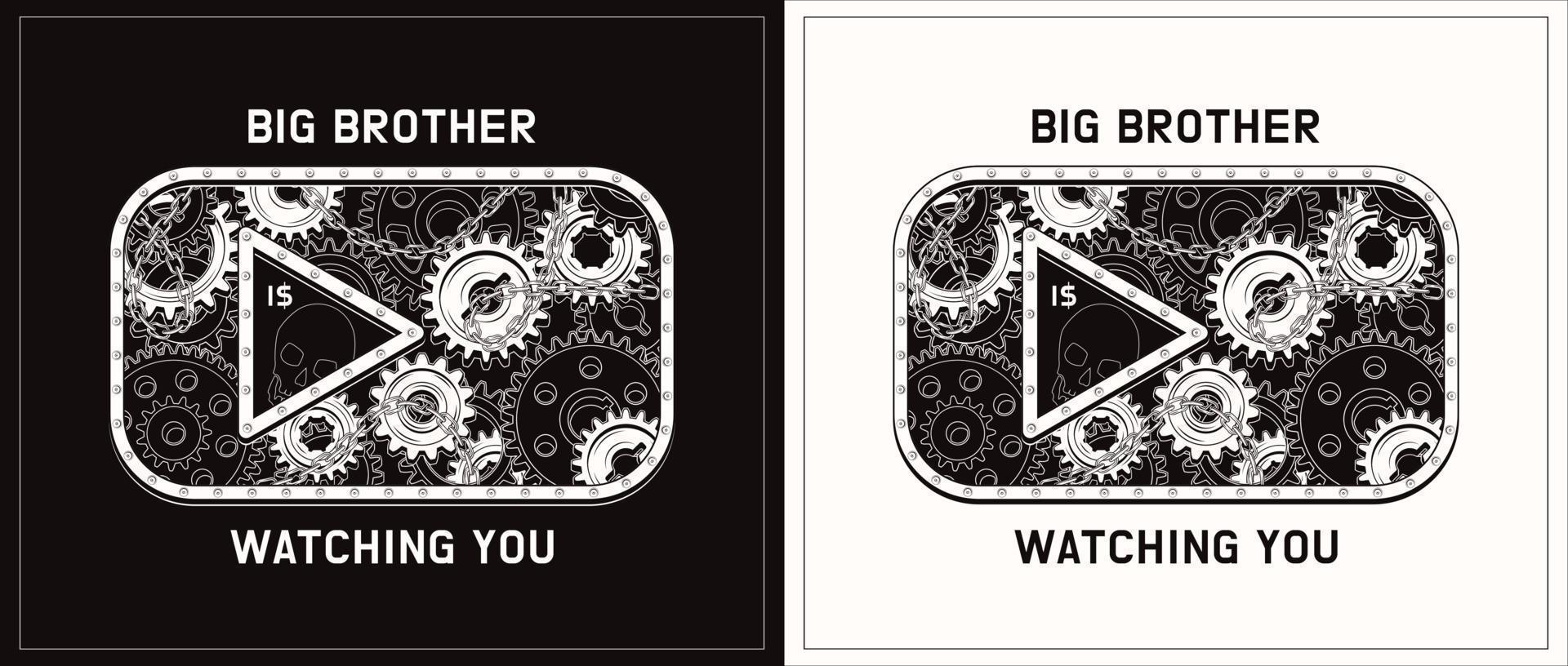 Video play icon of social media in vintage style with gears, metal rail, rivets, text. Big brother is watching you. Concept of global supervision through internet, social media vector