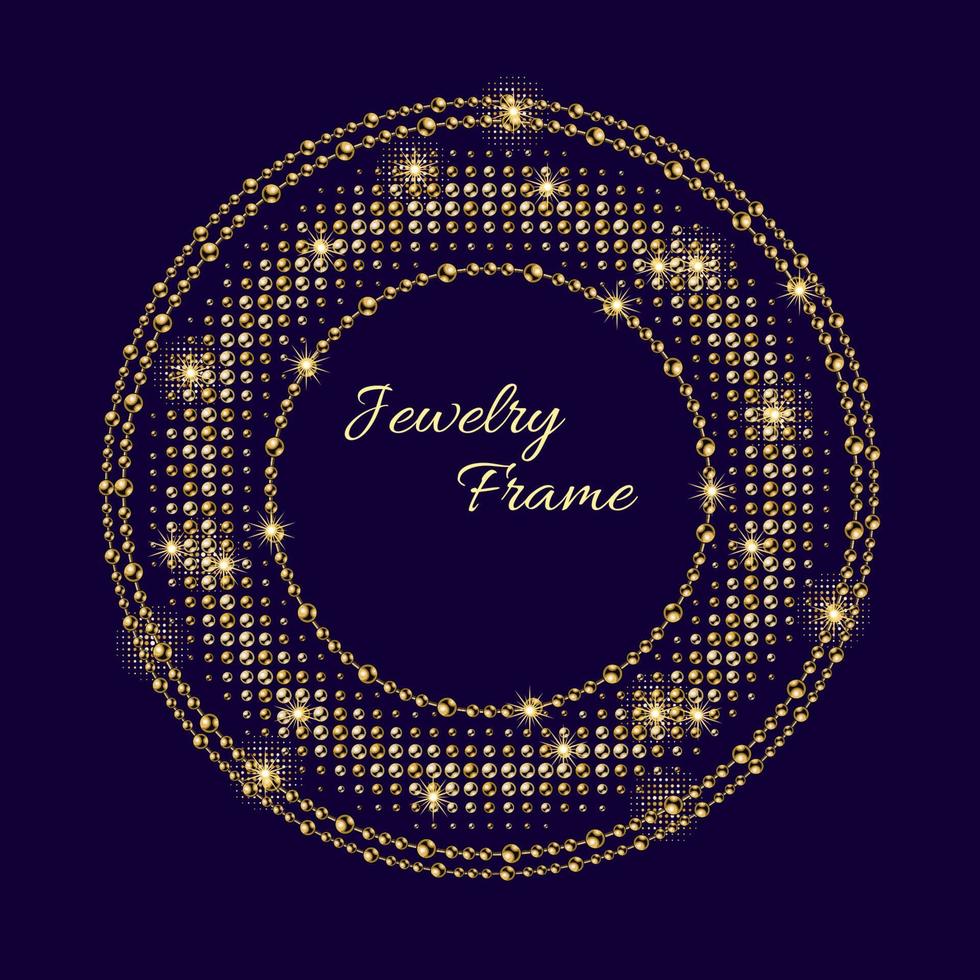 Circular frame with golden beads. Round halftone shape with gold chains, small sparks. Logo, emblem, badge for anniversary, award design on dark background vector