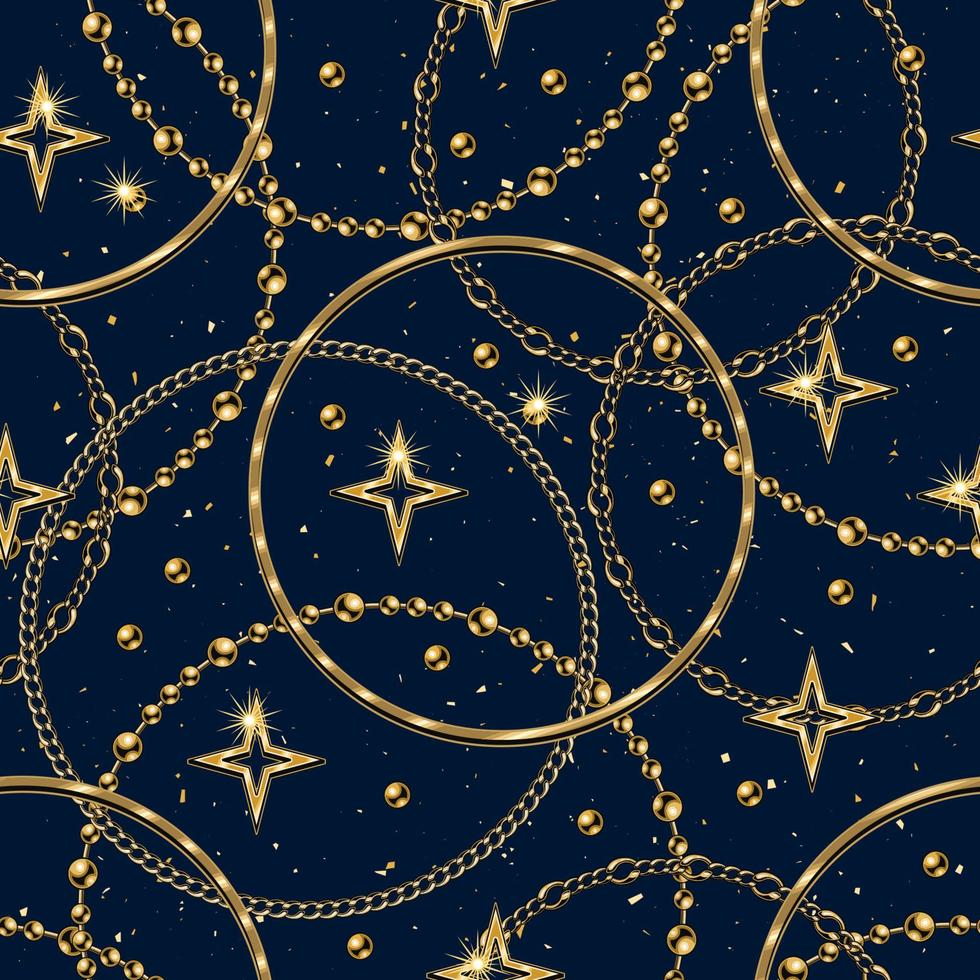 Jewelry pattern with golden stars, small glittering particles, beads, circles made of gold chains. Luxury cosmic, space background for branding. vector