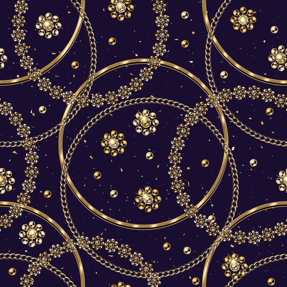 Jewelry pattern with small glittering particles, golden beads, circles made of gold chains. Luxury background for branding. vector