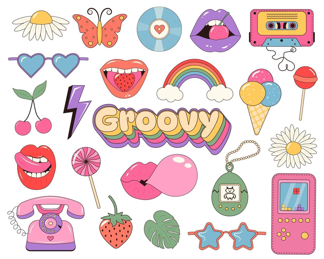 Groovy retro clipart set. Funny stickers or badges in trendy psychedelic cartoon style. Trendy Pop Culture badges graphic design icons. vector