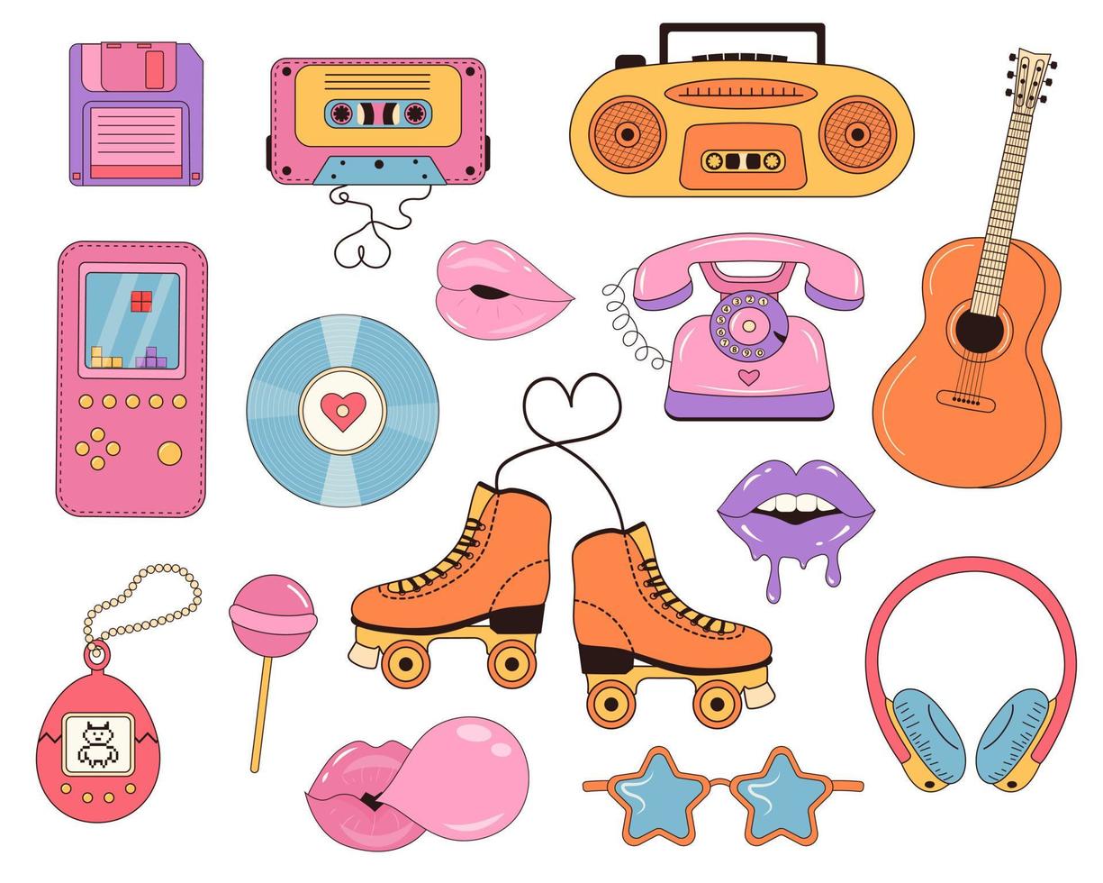 retro nostálgico Años 90 clipart colocar. colección de frio linda pegatinas de moda popular cultura insignias y2k, 90s gráfico diseño iconos vector