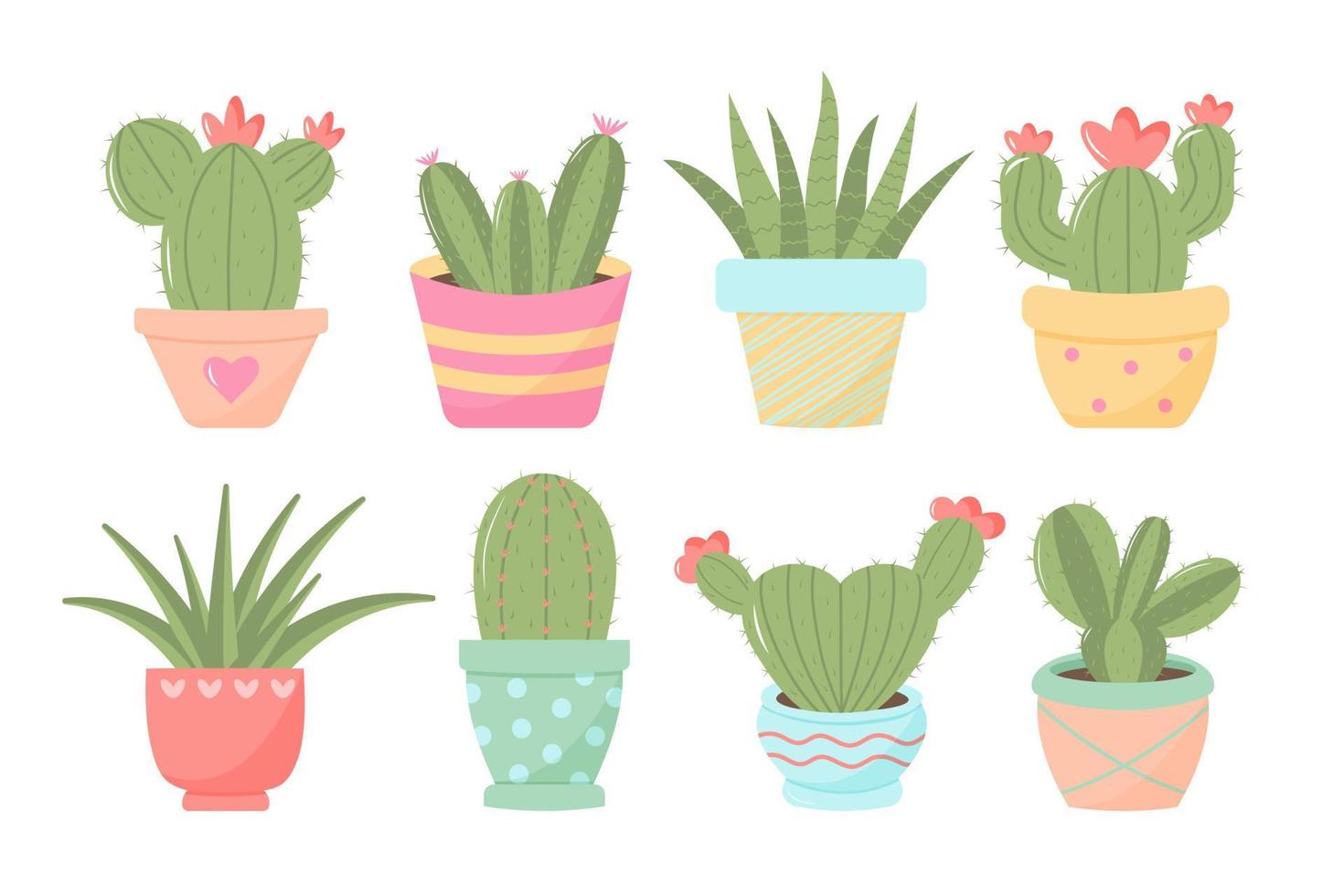 Cute cactuses in pot set. Trendy pastel colors. Exotic and tropical domestic plants. vector