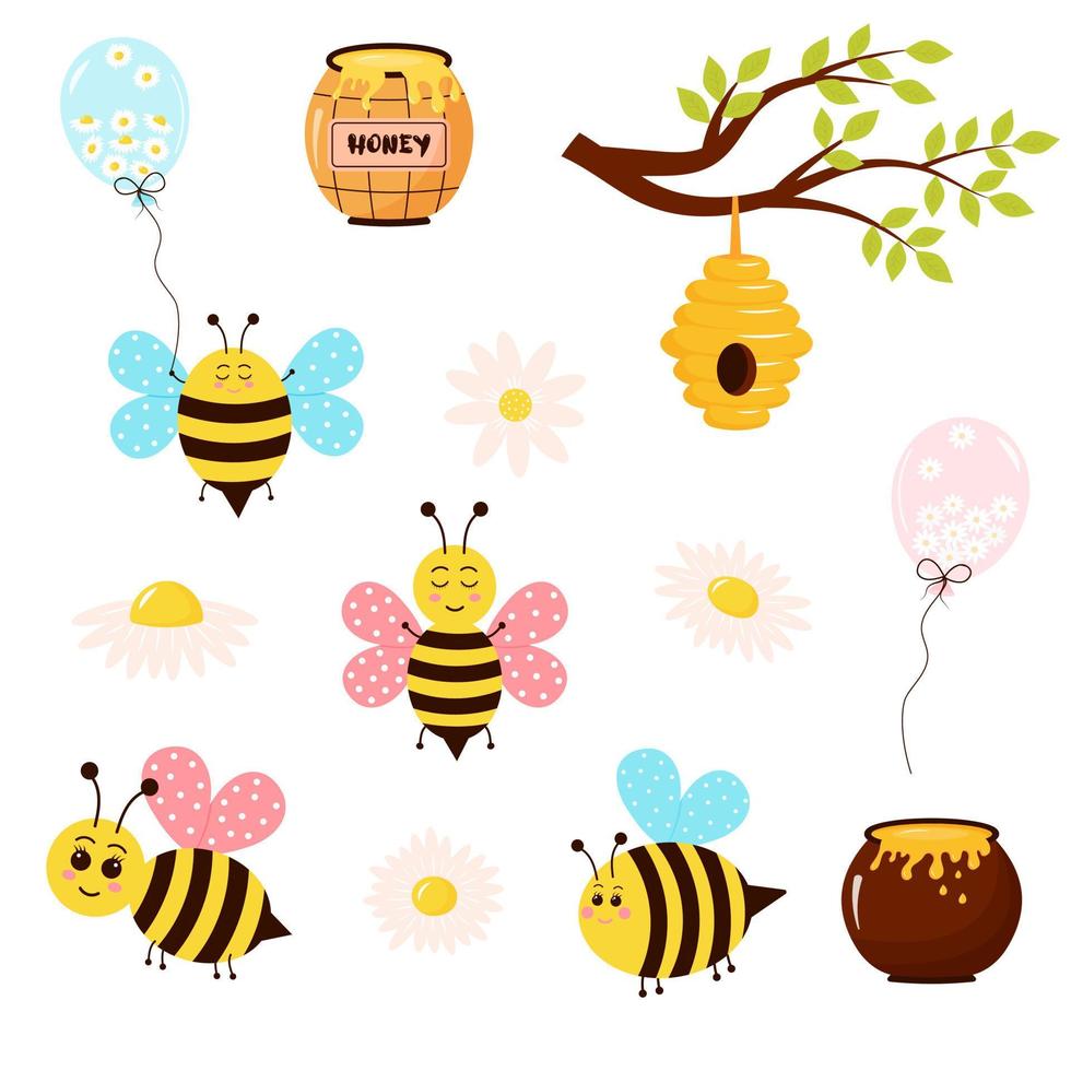 Cute bees, daisies, balloons, honey and beehive set. Cartoon characters collection. vector