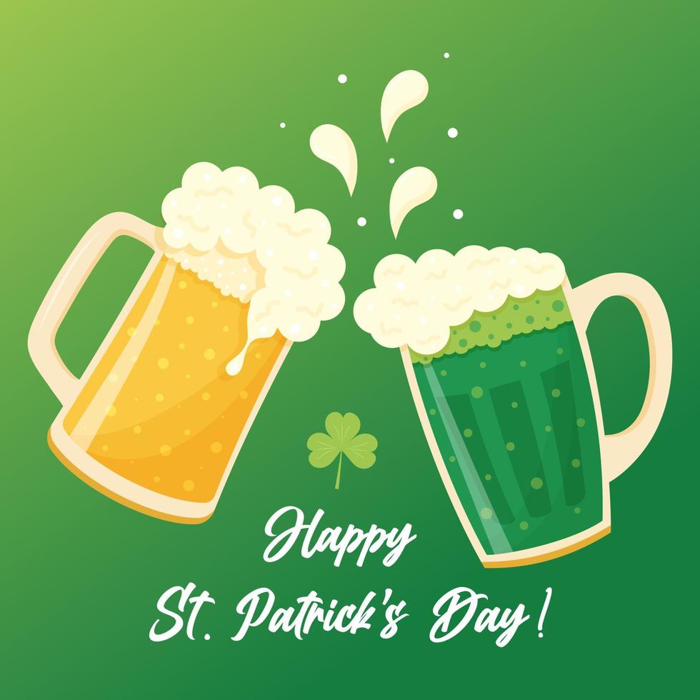 Two clinking mugs of green and lager beer making toast. Happy St. Patrick's Day. Glasses with cold foam drink and clover leaf. Greeting card. vector
