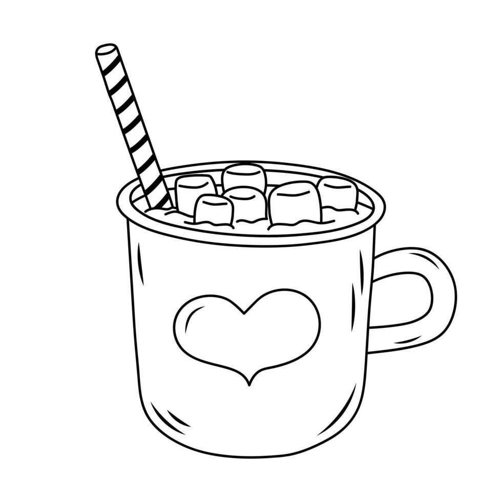 Cozy hygge mug with marshmallow and striped stick. Hand drawn illustration in doodle style. vector