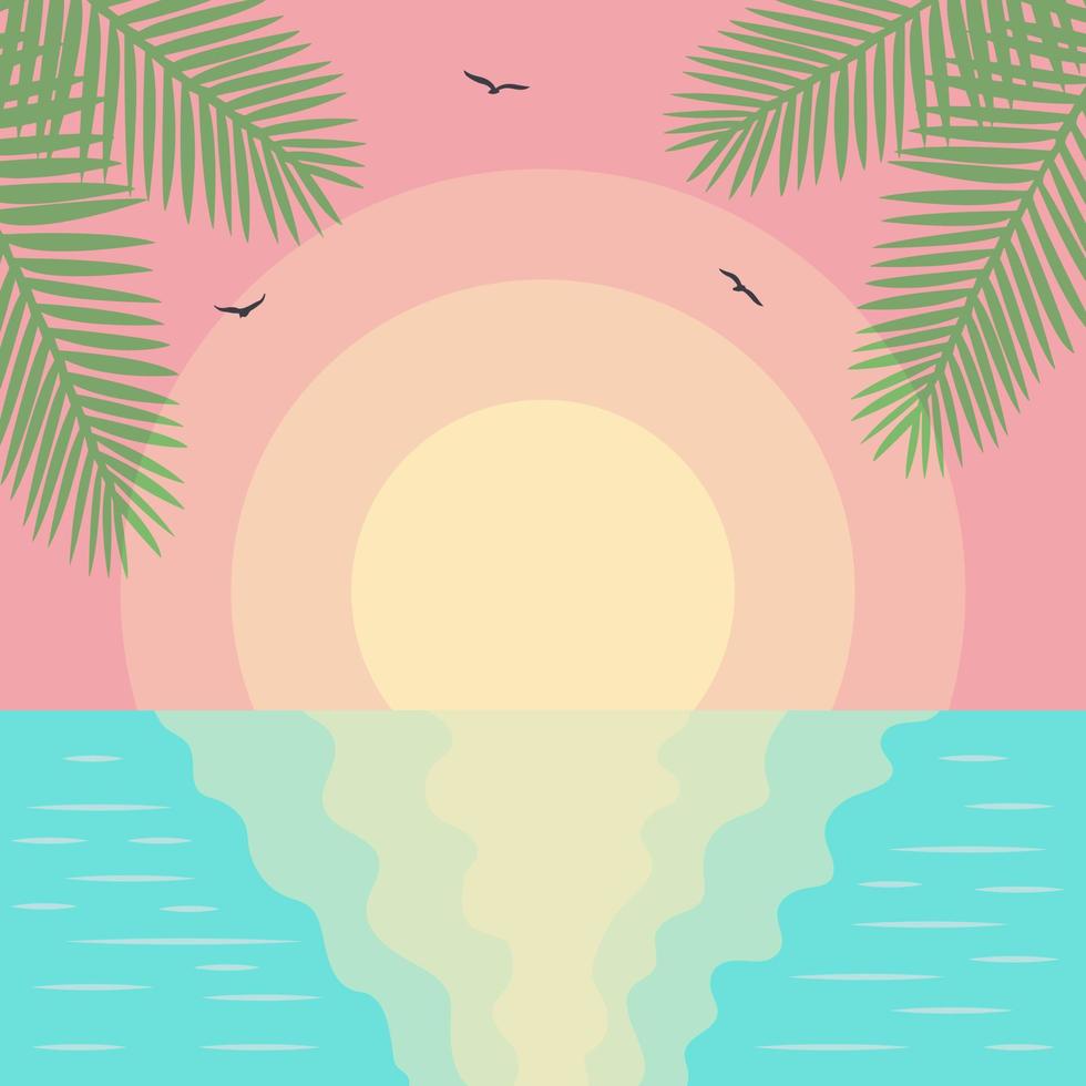 Sunset Seascape with palm leaves and seagulls. Paradise nature vacation. Cartoon landscape background. vector