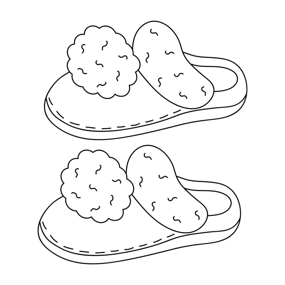 Soft fluffy house slippers. Warm cozy fur flip flops with pompons. Hand drawn illustration in doodle style. vector