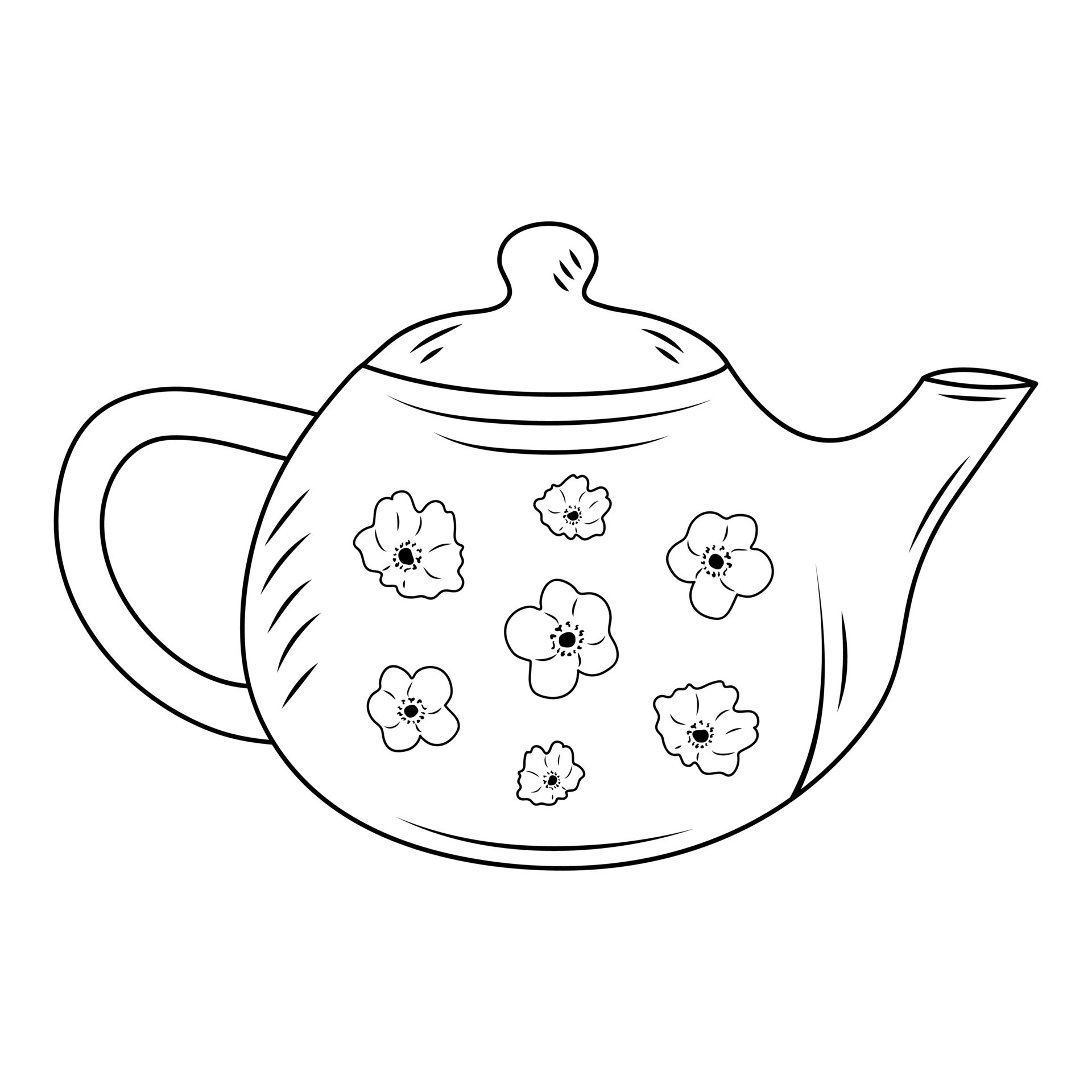 Cute hygge ceramic teapot with flowers. Hand drawn illustration in
