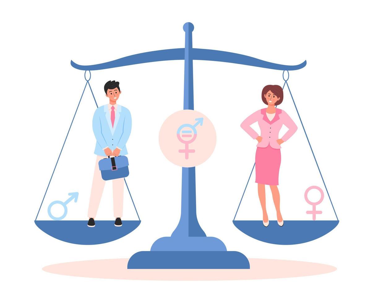 Man and woman standing on the scales for gender equality.  Male and female employees with equal career opportunities. Workforce without gender discrimination. vector