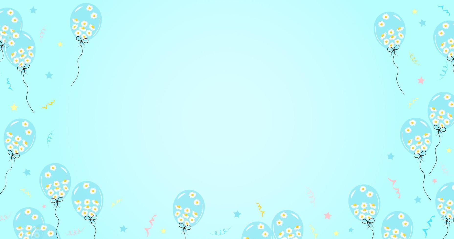 Pastel blue background with balloons full of daisies and confetti. Template for advertising, web, party, holiday, birthday, promotion, card, poster, invitation and space for your text. vector