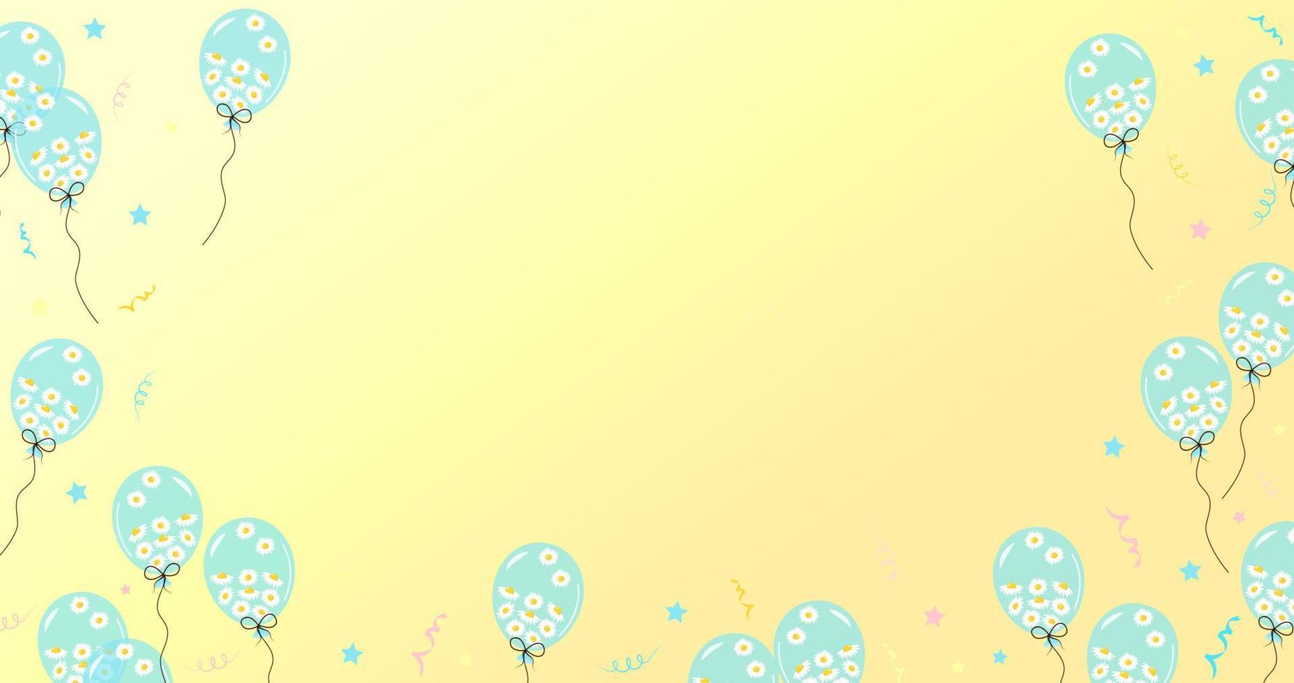 Pastel yellow background with balloons full of daisies and confetti. Template for advertising, web, party, holiday, birthday, promotion, card, poster, invitation and space for your text. vector