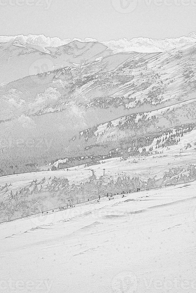 People skiing in ukrainian Carpathian mountains engraving hand drawn sketch photo