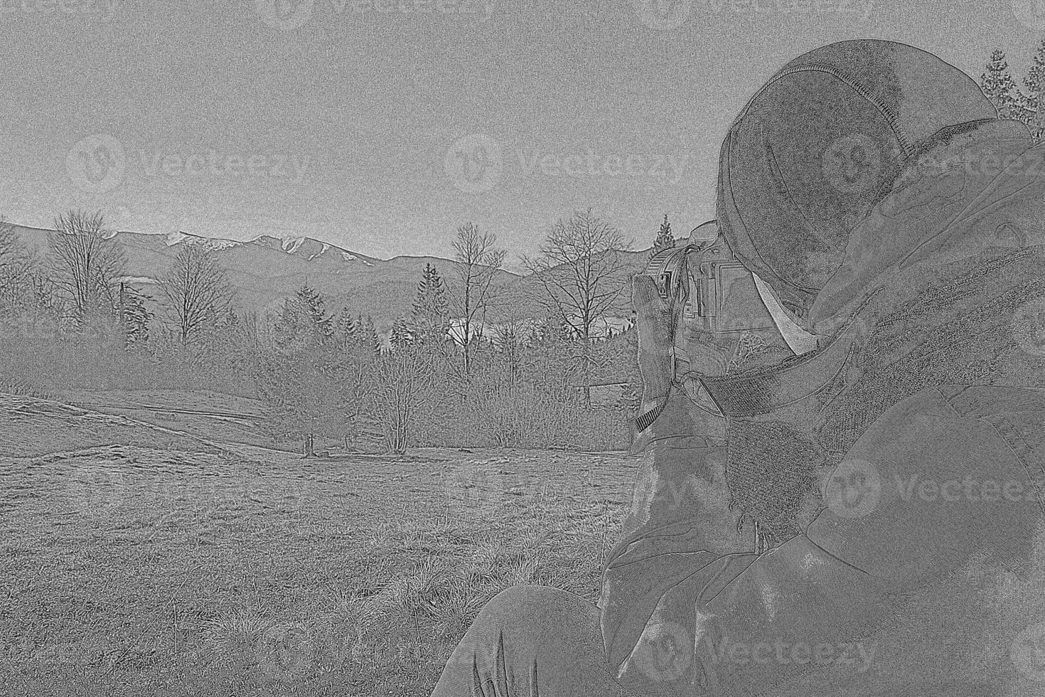 Photographer with camera shooting mountains engraving hand drawn sketch photo