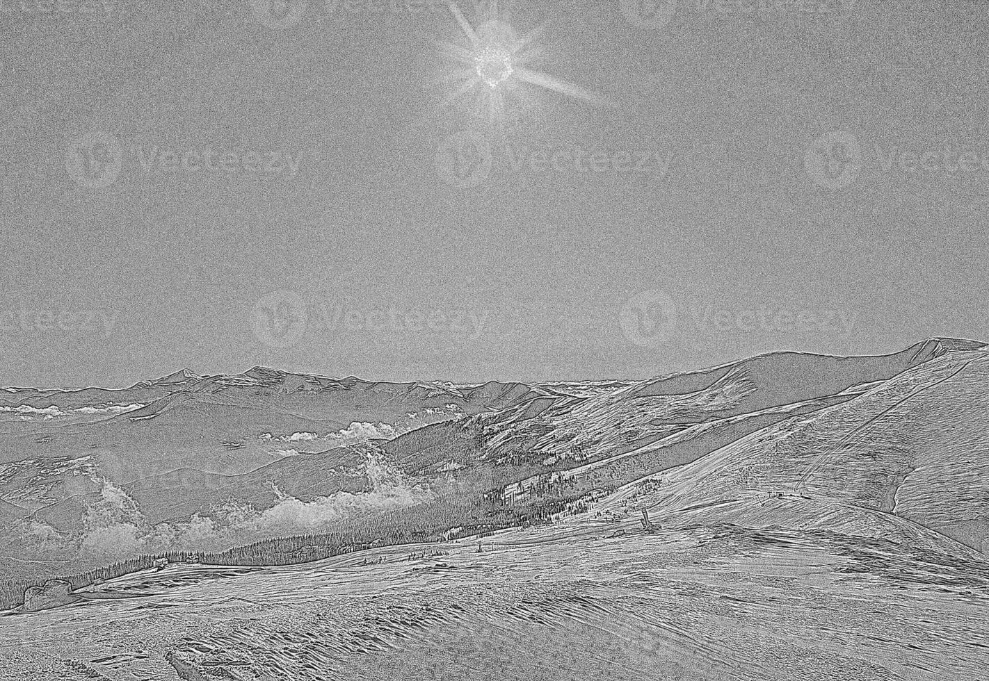 Bright sun above snowy mountain slopes, clouds engraving hand drawn sketch photo