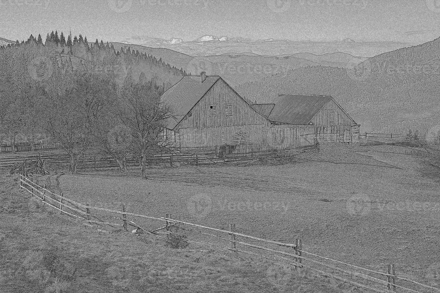 Abandoned house in Carpathian mountains engraving hand drawn sketch photo