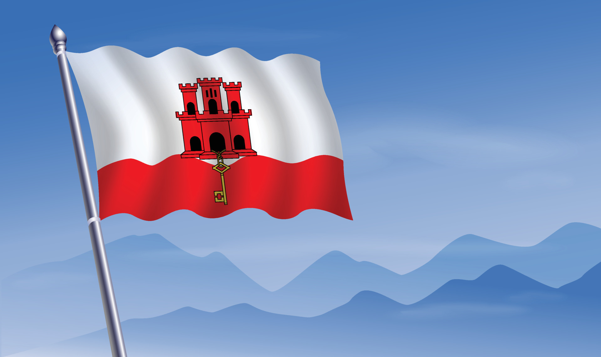 Gibraltar bandera con antecedentes de montañas y cielo 20712054 Vector