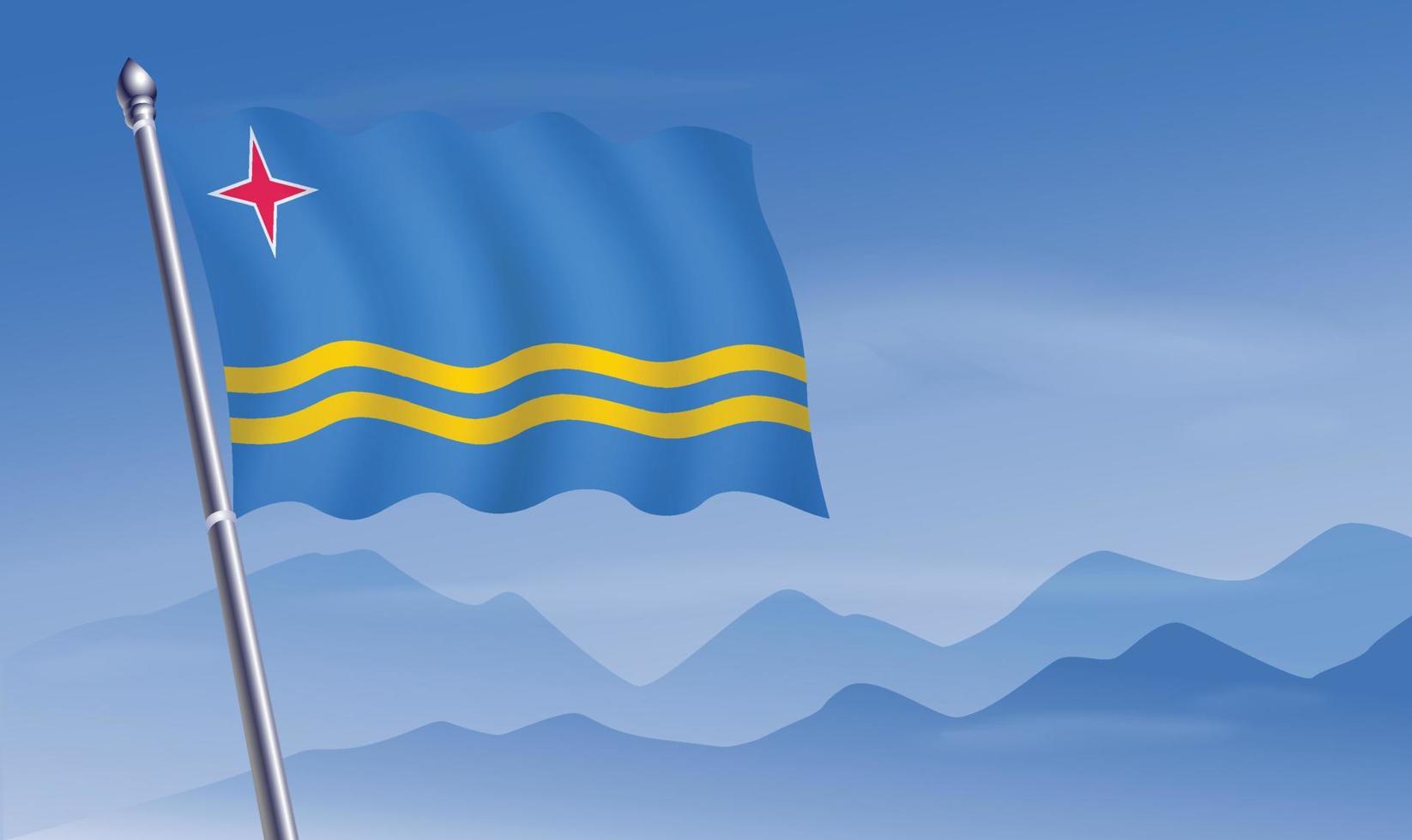 Aruba flag with background of mountains and skynd blue sky vector