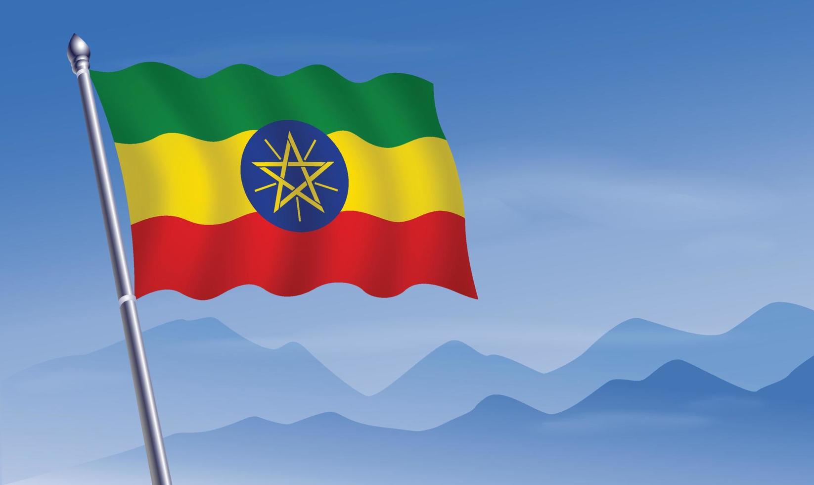 Ethiopia flag with background of mountains and sky vector