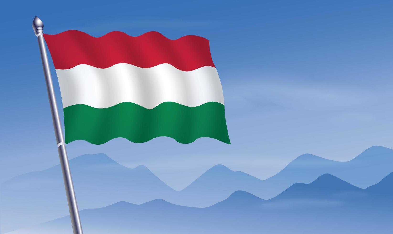 Hungary flag with background of mountains and sky vector