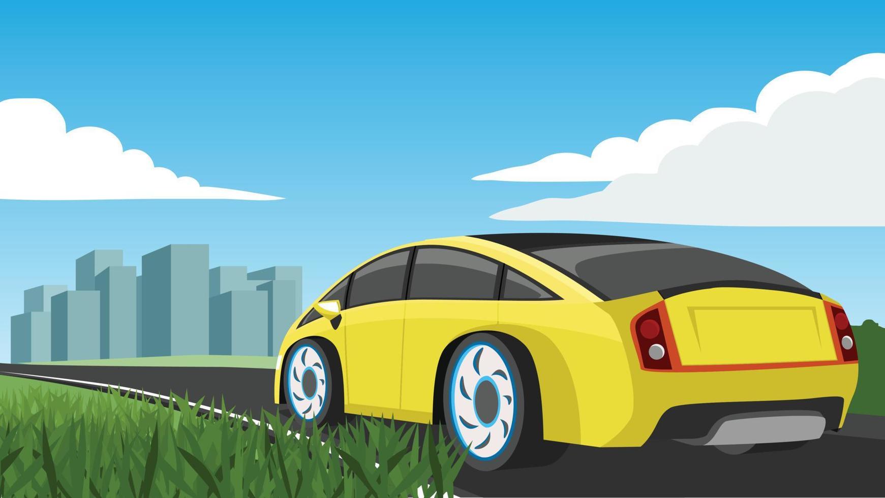 vector dibujos animados paisaje de asfalto la carretera en amplio abierto campo. amarillo pasajero coche eléctrico vehículo unidades adelante a el ciudad. antecedentes debajo azul cielo con gratis espacio. y separar capas.