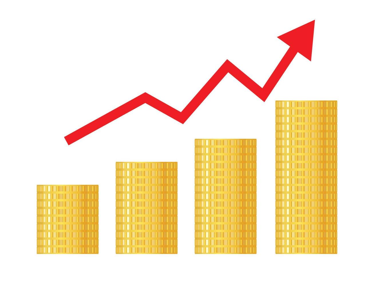 A graph of increasing income. A stack of gold coins. Accumulation. Concept of success in business. Vector illustration isolated on transparent background