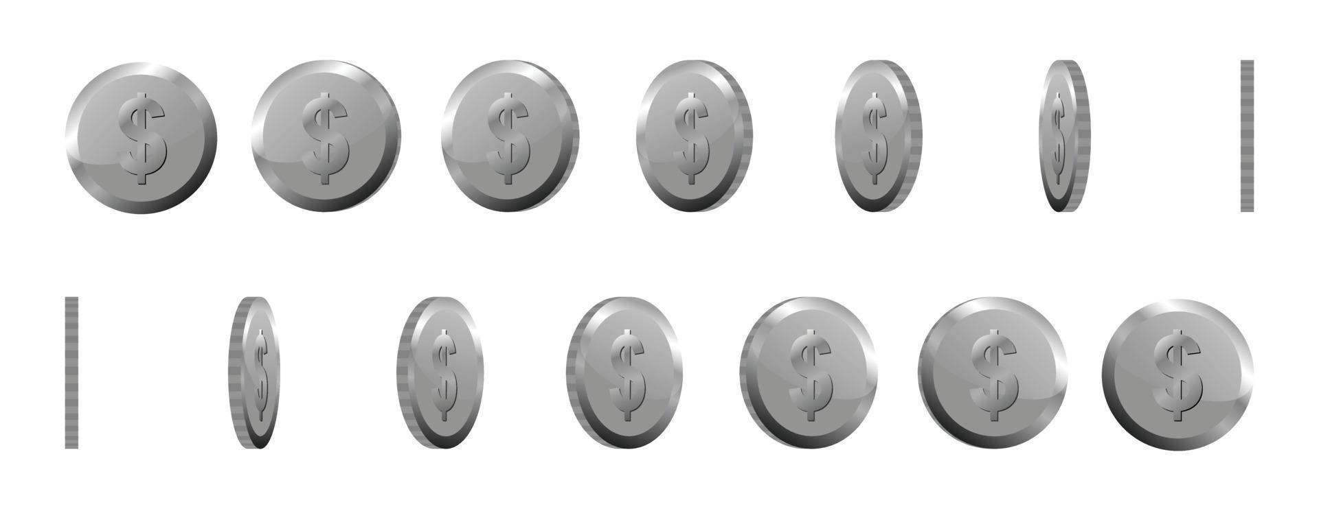 Spin silver coin on transparent background, set of rotation icons at different angles for animation. 3d silver coin. Vector illustration on transparent background