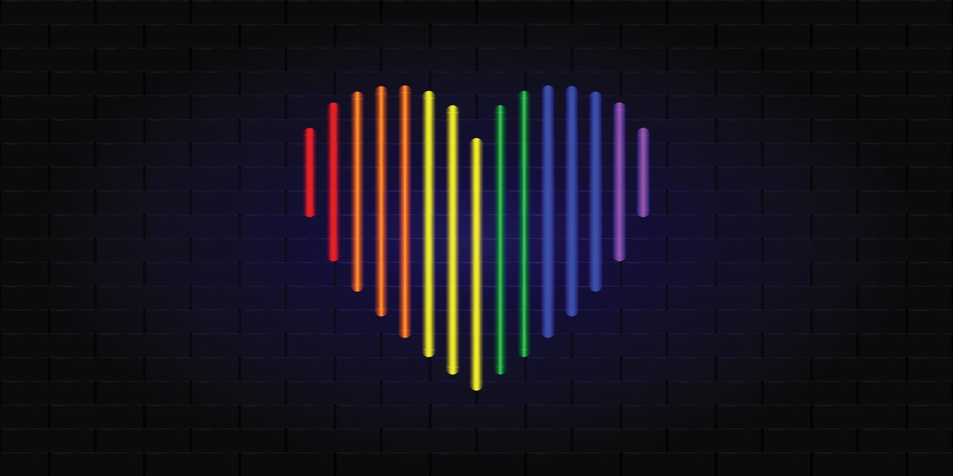 neón brillante corazón en el colores de el lgbt arcoíris. bandera para lgbt comunidad orgullo mes. ladrillo pared bandera. vector ilustración