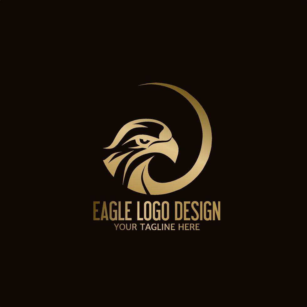 Bird eagle logo design and circle frame in golden color, eagle or hawk emblem vector icon.