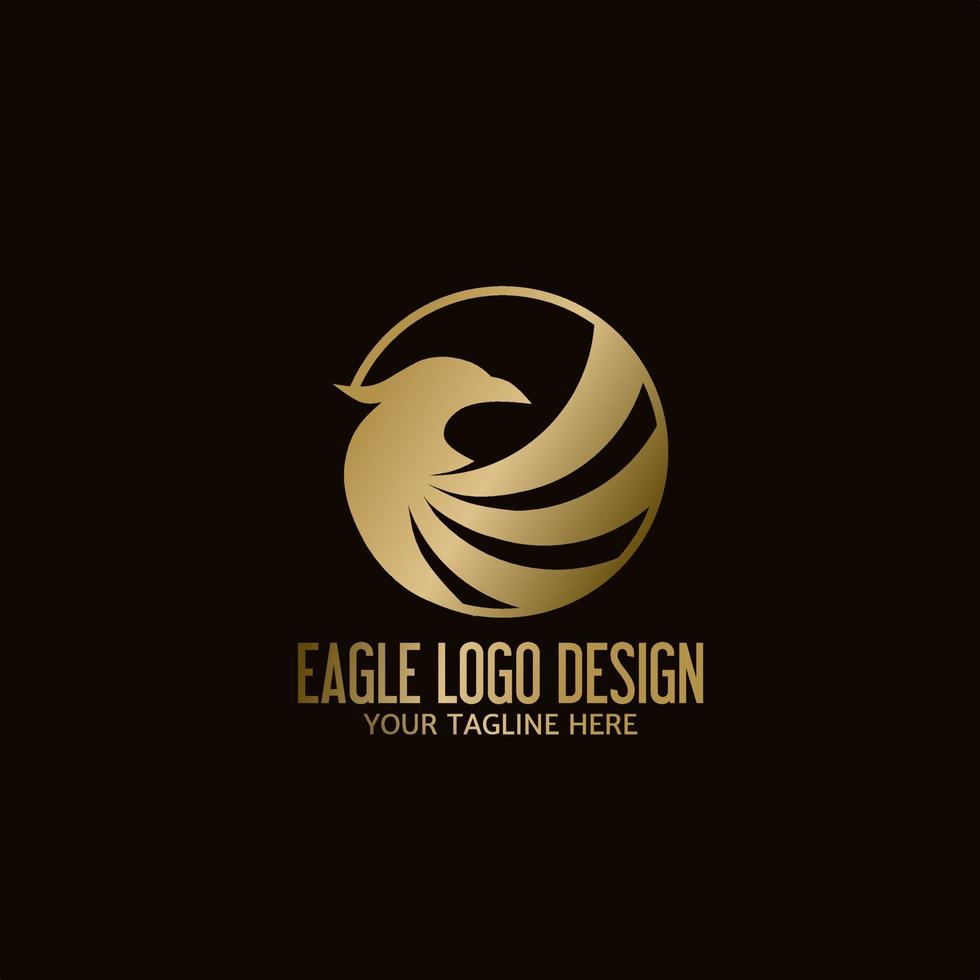 Bird eagle logo design and circle frame in golden color, eagle or hawk emblem vector icon.