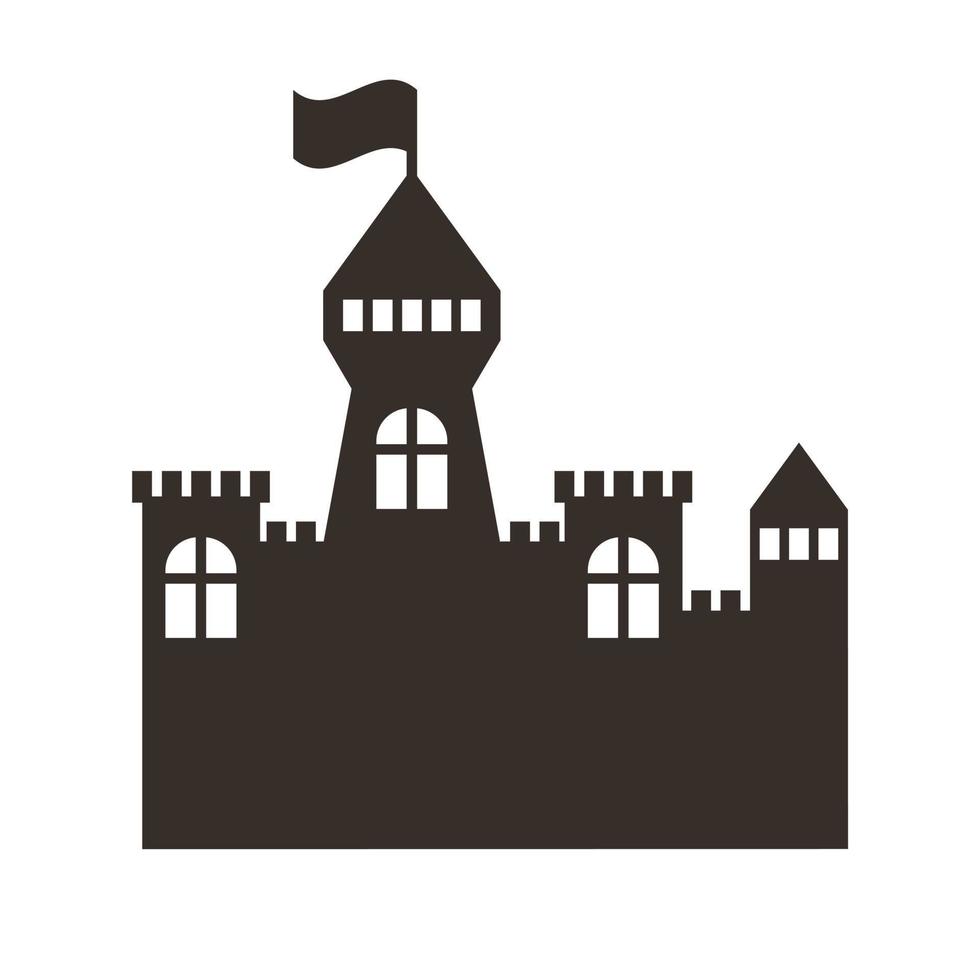 Fairy tale castle silhouette with flag, windows and towers vector