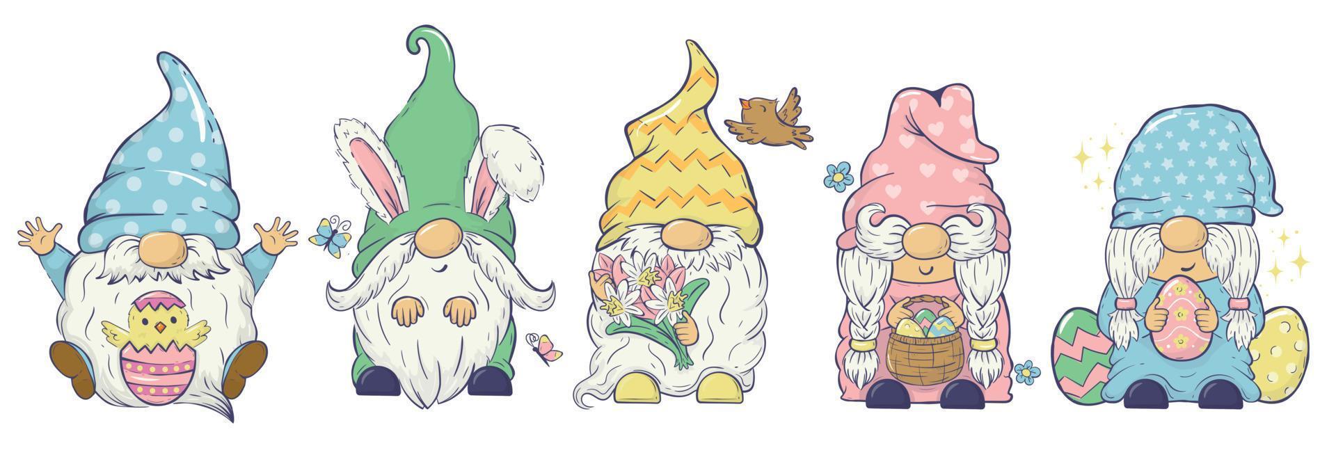 Collection of vector Easter gnomes in different poses with Easter eggs, bunny ears, spring flowers. Clipart For cards, invitations, packaging design, posters, prints
