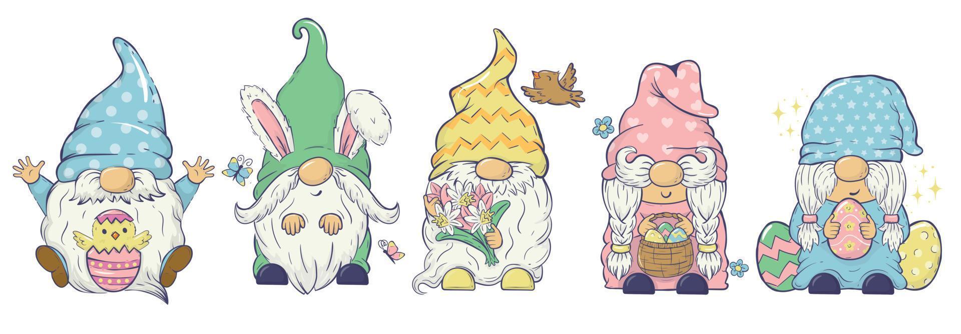 Collection of vector Easter gnomes in different poses with Easter eggs, bunny ears, spring flowers. Clipart For cards, invitations, packaging design, posters, prints